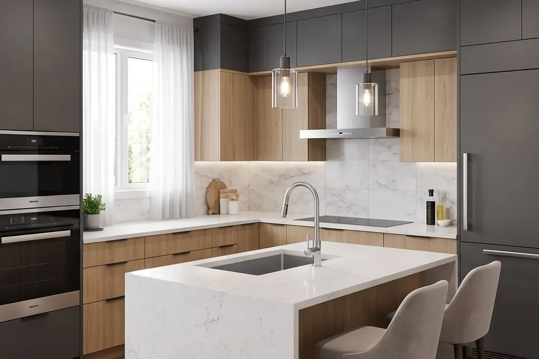 After: the same kitchen rebuilt with oak and graphite modular units, a quartz island and integrated appliances