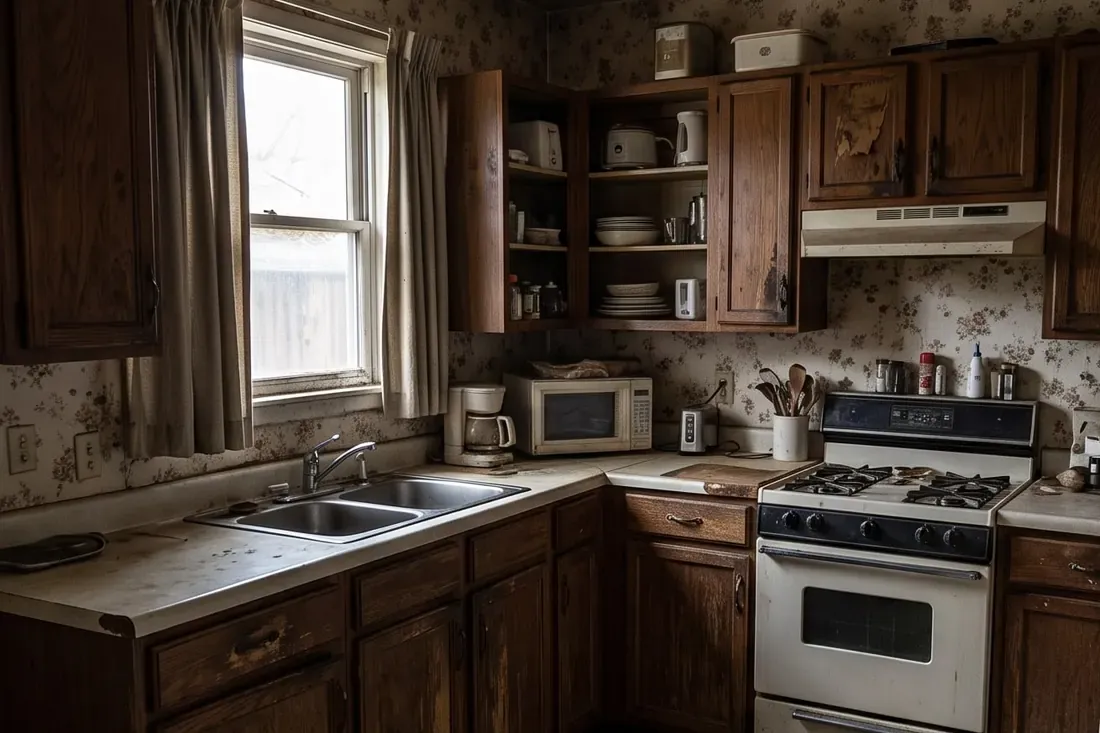 Before: a dated kitchen with dark worn timber cabinets, patterned wallpaper and a chipped laminate worktop